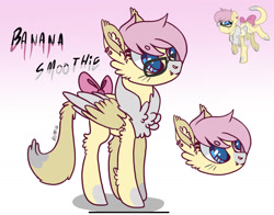 Size: 2132x1668 | Tagged: safe, artist:caramelbolt24, derpibooru import, oc, oc only, oc:banana smoothie, pegasus, pony, bow, bust, chest fluff, ear fluff, ears, glasses, gradient background, pegasus oc, signature, smiling, tail bow, two toned wings, wings