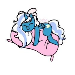 Size: 1000x1000 | Tagged: safe, artist:glittiewings, derpibooru import, oc, oc:fleurbelle, alicorn, alicorn oc, bow, female, hair bow, horn, hug, mare, pillow, pillow hug, simple background, sleeping, transparent background, wings