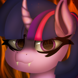 Size: 3542x3542 | Tagged: safe, artist:nacl69, derpibooru import, twilight sparkle, pony, unicorn, eye reflection, fangs, female, fire, reflection, solo, solo female