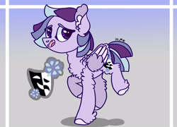 Size: 2278x1637 | Tagged: safe, artist:caramelbolt24, derpibooru import, oc, oc only, pegasus, pony, abstract background, ear fluff, ears, hoof fluff, magical lesbian spawn, offspring, open mouth, parent:rarity, parent:twilight sparkle, parents:rarilight, pegasus oc, raised hoof, raised leg, reference sheet, signature, smiling, solo, theater masks, two toned wings, wings