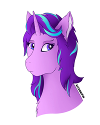 Size: 2966x3716 | Tagged: safe, artist:slythefolf, derpibooru import, starlight glimmer, pony, unicorn, bust, chest fluff, ear fluff, ears, female, high res, looking away, mare, portrait, simple background, solo, text, white background