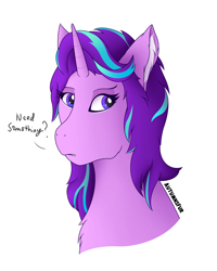 Size: 2966x3716 | Tagged: safe, alternate version, artist:slythefolf, derpibooru import, starlight glimmer, pony, unicorn, bust, chest fluff, dialogue, ear fluff, ears, female, high res, looking away, mare, portrait, simple background, solo, text, white background