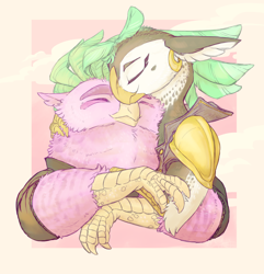 Size: 2850x2955 | Tagged: safe, artist:iceofwaterflock, derpibooru import, captain celaeno, lix spittle, bird, parrot, my little pony: the movie, cuddling, ear piercing, earring, eyes closed, female, jewelry, lesbian, parrot pirates, piercing, pirate, shipping