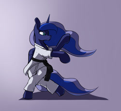 Size: 1280x1174 | Tagged: safe, artist:aquaticvibes, derpibooru import, princess luna, alicorn, pony, action pose, bipedal, black belt, clothes, ethereal mane, female, gi, glare, karate, mare, martial arts, starry mane, starry tail