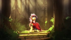 Size: 2560x1440 | Tagged: safe, artist:anticular, derpibooru import, fluttershy, pegasus, pony, crepuscular rays, female, forest, little red riding hood, mare, open mouth, path, scenery, solo