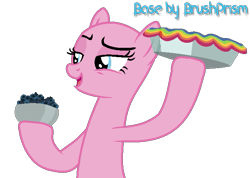 Size: 645x458 | Tagged: safe, artist:brushprism, derpibooru import, earth pony, pony, secrets and pies, bald, base, blueberry, female, food, fruit, holding, holding hooves, mare, open mouth, pie, rainbow pie, simple background, transparent background