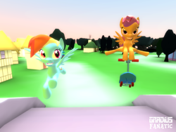 Size: 2048x1536 | Tagged: safe, artist:gradiusfanatic, derpibooru import, rainbow dash, scootaloo, pegasus, 3d, female, gmod, scooter