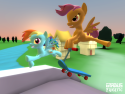 Size: 2048x1536 | Tagged: safe, artist:gradiusfanatic, derpibooru import, rainbow dash, scootaloo, pegasus, 3d, female, gmod, scooter