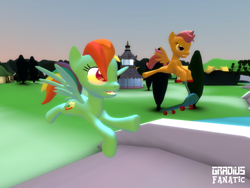 Size: 2048x1536 | Tagged: safe, artist:gradiusfanatic, derpibooru import, rainbow dash, scootaloo, pegasus, 3d, female, gmod, scooter