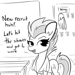 Size: 3000x3000 | Tagged: safe, artist:tjpones, derpibooru import, spitfire, pegasus, pony, black and white, detachable wings, female, grayscale, locker room, mare, modular, monochrome, solo, towel, wat, wingless