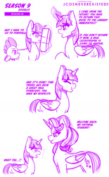 Size: 960x1549 | Tagged: safe, artist:jcosneverexisted, derpibooru import, spike, starlight glimmer, twilight sparkle, twilight sparkle (alicorn), unicorn twilight, alicorn, dragon, pony, unicorn, season 9 doodles, the point of no return, alicornified, book, dialogue, duo, duo female, eyes closed, female, glowing horn, horn, magic, magic aura, male, open mouth, race swap, self ponidox, shocked, solo, starlicorn, text, trio