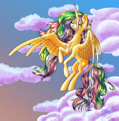 Size: 1280x1307 | Tagged: safe, artist:rainbowmoron, derpibooru import, princess celestia, alicorn, pony, cloud, flying, sky, solo