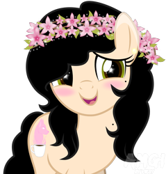 Size: 3938x4114 | Tagged: safe, artist:amgiwolf, derpibooru import, oc, oc only, oc:amgi, earth pony, pony, blushing, earth pony oc, female, floral head wreath, flower, mare, open mouth, simple background, smiling, solo, transparent background