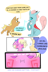 Size: 1482x2199 | Tagged: safe, artist:aztrial, derpibooru import, ocellus, oc, oc:bitterroot rose, oc:primp, oc:prink, changedling, changeling, earth pony, unicorn, blushing, comic, jealous, magical lesbian spawn, offspring, older, older ocellus, parent:applejack, parent:princess cadance, parent:rarity, parent:shining armor, parents:rarijack, parents:shiningcadance, puffy cheeks