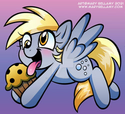 Size: 600x548 | Tagged: safe, artist:marybellamy, derpibooru import, derpy hooves, ditzy doo, blushing, cute, derpabetes, deviantart watermark, food, muffin, obtrusive watermark, open mouth, solo, that pony sure does love muffins, tongue, tongue out, watermark, zorilita