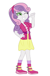 Size: 1175x1768 | Tagged: safe, artist:gmaplay, derpibooru import, sweetie belle, human, equestria girls, clothes, female, hand on hip, looking at you, one eye closed, shoes, skirt, solo, teeth, wink, winking at you