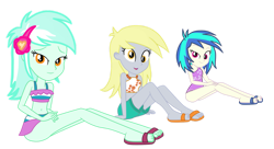 Size: 1213x659 | Tagged: safe, artist:gmaplay, derpibooru import, derpy hooves, dj pon-3, lyra heartstrings, vinyl scratch, human, equestria girls, equestria girls series, spring breakdown, spoiler:eqg series (season 2), belly button, clothes, feet, female, looking at you, one-piece swimsuit, open mouth, sandals, simple background, sitting, solo, swimsuit, transparent background, trio, trio female, vector