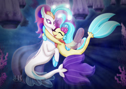 Size: 2912x2059 | Tagged: safe, artist:jotakaanimation, princess skystar, queen novo, seapony (g4), my little pony: the movie, cute, duo, female, hug, mother and child, mother and daughter, parent and child, skyabetes, smiling, underwater