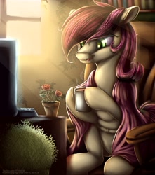 Size: 3383x3827 | Tagged: safe, artist:2fat2fly, roseluck, earth pony, pony, bookshelf, chair, computer, crepuscular rays, cup, female, flower, hoof hold, keyboard, mare, open mouth, potted plant, rose, sitting, solo, steam