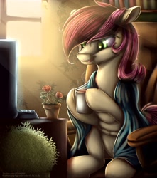 Size: 3383x3827 | Tagged: safe, alternate version, artist:2fat2fly, roseluck, earth pony, pony, bookshelf, chair, computer, crepuscular rays, cup, female, flower, hoof hold, keyboard, mare, open mouth, potted plant, rose, sitting, solo, steam