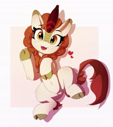 Size: 3665x4096 | Tagged: safe, artist:pabbley, autumn blaze, kirin, awwtumn blaze, cloven hooves, cute, cute little fangs, fangs, female, floating heart, heart, looking at you, lying down, open mouth, pabbley is trying to murder us, smiling, solo, waving