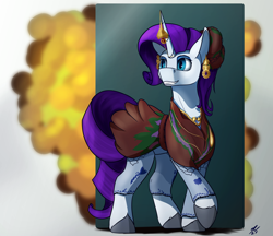 Size: 2500x2160 | Tagged: safe, artist:tenebrisnoctus, derpibooru import, rarity, pony, unicorn, abstract background, clothes, ear piercing, earring, female, horn, horn jewelry, jewelry, mare, piercing, solo, unshorn fetlocks