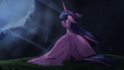 Size: 1600x900 | Tagged: safe, artist:tenebrisnoctus, derpibooru import, twilight sparkle, twilight sparkle (alicorn), alicorn, pony, ears, facing away, female, floppy ears, looking to side, looking to the left, mare, rain, rear view, sitting, solo, windswept mane