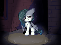 Size: 4000x3000 | Tagged: safe, artist:arume_lux, derpibooru import, oc, oc:ethereal pelagia, pegasus, pony, crying, ears, female, filly, floppy ears, looking at you, pegasus oc, rain, sad, sitting, solo