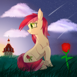 Size: 2500x2500 | Tagged: safe, artist:divifilly, derpibooru import, roseluck, earth pony, pony, flower, grass, grass field, rose, sky, solo
