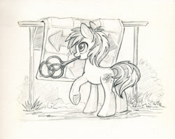 Size: 990x788 | Tagged: safe, artist:maytee, derpibooru import, oc, oc only, earth pony, pony, carpet, monochrome, sketch, solo, traditional art