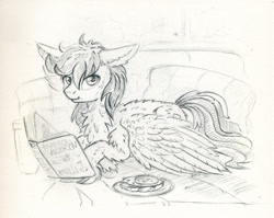 Size: 999x795 | Tagged: safe, artist:maytee, derpibooru import, oc, oc only, pegasus, pony, book, chest fluff, cookie, ear fluff, ears, floppy ears, food, monochrome, pillow, sketch, sofa, solo, traditional art