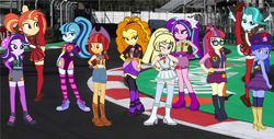 Size: 1256x636 | Tagged: safe, alternate version, derpibooru import, adagio dazzle, aria blaze, jade spade, lighthoof, moondancer, shimmy shake, sonata dusk, space camp (character), starlight glimmer, oc, oc:lillie belle, equestria girls, clothes, converse, formula 1, lillie (pokemon), racing, racing suit, shoes, socks, stockings, striped socks, thigh highs