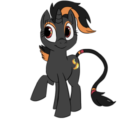 Size: 1000x968 | Tagged: safe, artist:racingwolf, derpibooru import, oc, oc only, classical unicorn, unicorn, black coat, black tail, female, horn, mare, raised hoof, raised leg, red eyes, simple background, smiling, solo, transparent background, two toned mane, unicorn oc