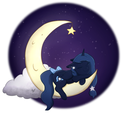 Size: 1024x925 | Tagged: safe, artist:foxhatart, derpibooru import, oc, oc:night star, alicorn, pony, alicorn oc, bow, crescent moon, female, horn, mare, moon, sleeping, sleeping on moon, solo, tail bow, tangible heavenly object, transparent moon, wings