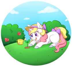 Size: 1024x928 | Tagged: safe, artist:foxhatart, derpibooru import, oc, oc:taffy, pony, unicorn, bow, female, hat, lying down, mare, plant, prone, solo, tail bow, watering can