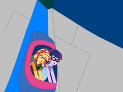 Size: 1440x1080 | Tagged: safe, artist:eli-j-brony, derpibooru import, sci-twi, sunset shimmer, twilight sparkle, equestria girls, equestria girls series, boat, bow, clothes, glasses, leather vest, reference, spongebob squarepants, tunnel of glove, waterfall