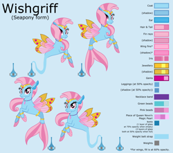 Size: 13621x12049 | Tagged: source needed, safe, artist:ethanjacobsyrosca, derpibooru import, oc, oc only, oc:wishgriff, seapony (g4), absurd resolution, blue background, bottle, bracelet, circlet, clothes, genie, gold, jewelry, leggings, looking at you, not silverstream, redesign, reference sheet, simple background, smiling, solo, vector, wing jewelry