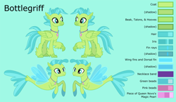 Size: 3567x2067 | Tagged: safe, artist:ethanjacobsyrosca, derpibooru import, oc, oc only, oc:bottlegriff, classical hippogriff, hippogriff, seapony (g4), absurd resolution, green background, jewelry, necklace, not terramar, reference sheet, simple background, solo, vector