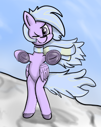 Size: 2093x2643 | Tagged: safe, artist:vinca, derpibooru import, oc, oc:vinca aquamarine, pegasus, pony, bipedal, clothes, female, looking at you, mare, one eye closed, scarf, solo, standing, underhoof, wings, wink, winking at you