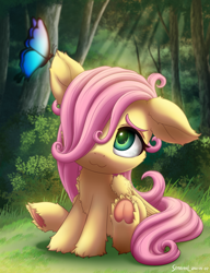 Size: 2000x2600 | Tagged: safe, artist:symbianl, derpibooru import, fluttershy, butterfly, pegasus, pony, :3, cute, daaaaaaaaaaaw, ears, female, filly, filly fluttershy, floppy ears, frog (hoof), hoofbutt, looking at something, outdoors, shyabetes, sitting, smiling, solo, symbianl is trying to murder us, underhoof, weapons-grade cute, wings, younger