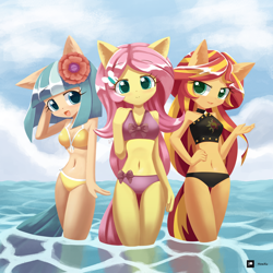 Size: 1250x1250 | Tagged: safe, artist:howxu, derpibooru import, coco pommel, fluttershy, sunset shimmer, anthro, adorasexy, belly button, bikini, blushing, breasts, cleavage, clothes, cloud, cocobetes, cute, ear fluff, ears, eyelashes, female, hand on hip, looking at you, open mouth, patreon, patreon logo, sexy, shimmerbetes, shyabetes, sky, swimsuit, trio, water