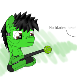 Size: 1200x1200 | Tagged: safe, artist:zocidem, derpibooru import, oc, oc only, oc:wrench, cyborg, earth pony, pony, augmented, blades, prosthetic limb, prosthetics, solo, tennis ball