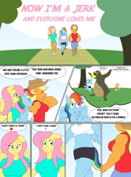 Size: 3061x4125 | Tagged: safe, artist:matchstickman, derpibooru import, applejack, fluttershy, rainbow dash, anthro, bear, earth pony, pegasus, plantigrade anthro, comic:now i'm a jerk, abs, applejacked, applerack, biceps, breasts, clothes, comic, commission, deltoids, dialogue, female, hootershy, mare, midriff, muscles, rainboob dash, rainbuff dash, shirt, sleeveless, sleeveless shirt, speech bubble, thought bubble, trio