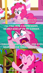 Size: 2000x3362 | Tagged: safe, derpibooru import, edit, edited screencap, screencap, pinkie pie, pinkie pride, angry, caption, comic, eyes closed, faic, image macro, implied cheese sandwich, implied rainbow dash, open mouth, overreaction, sad, screencap comic, scrunchy face, smiling, text