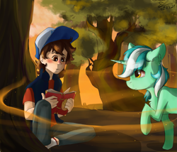 Size: 1195x1024 | Tagged: safe, artist:yuris, derpibooru import, lyra heartstrings, human, pony, unicorn, book, cap, crossover, dipper pines, forest, golden eyes, gravity falls, hat, sunset, tree, wood