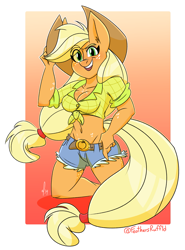 Size: 1359x1837 | Tagged: safe, artist:feathers-ruffled, derpibooru import, applejack, anthro, earth pony, 2020, applejack's hat, arm freckles, belly button, belly freckles, belt, breasts, chest freckles, cleavage, clothes, cowboy hat, eye clipping through hair, female, freckles, front knot midriff, hat, leg freckles, midriff, shorts, solo