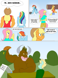 Size: 3061x4125 | Tagged: safe, artist:matchstickman, derpibooru import, applejack, fluttershy, rainbow dash, anthro, earth pony, minotaur, pegasus, plantigrade anthro, comic:now i'm a jerk, abs, applejacked, applerack, biceps, bread, breasts, comic, commission, deltoids, dialogue, female, food, hootershy, male, mare, muscles, pecs, rainboob dash, rainbuff dash, speech bubble, table, thought bubble