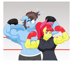 Size: 2048x1753 | Tagged: safe, artist:matchstickman, derpibooru import, apple bloom, oc, oc:calm wind, anthro, earth pony, pegasus, abs, apple bloom's bow, apple bloomed, apple brawn, armpits, biceps, bow, boxing gloves, boxing ring, breasts, clothes, comic, derp, duo, female, flexing, hair bow, injured, looking at you, male, mare, matchstickman's apple brawn series, muscles, older, older apple bloom, pecs, pegasus oc, posing for photo, stallion, tongue, tongue out, tumblr comic, tumblr:where the apple blossoms