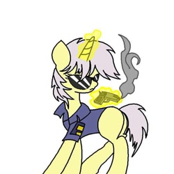 Size: 716x715 | Tagged: safe, artist:beyond_inside, artist:jacqueline351, derpibooru import, oc, oc only, oc:snow t. chaos, pony, unicorn, female, glowing horn, gun, horn, magic, mare, police officer, simple background, solo, sunglasses, telekinesis, unicorn oc, weapon, white background