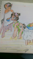 Size: 920x1632 | Tagged: safe, artist:beyond_inside, artist:jacqueline351, derpibooru import, oc, oc only, earth pony, pony, unicorn, apron, clothes, duo, earth pony oc, glasses, graph paper, horn, mouth hold, naked apron, painting, signature, smiling, traditional art, unicorn oc